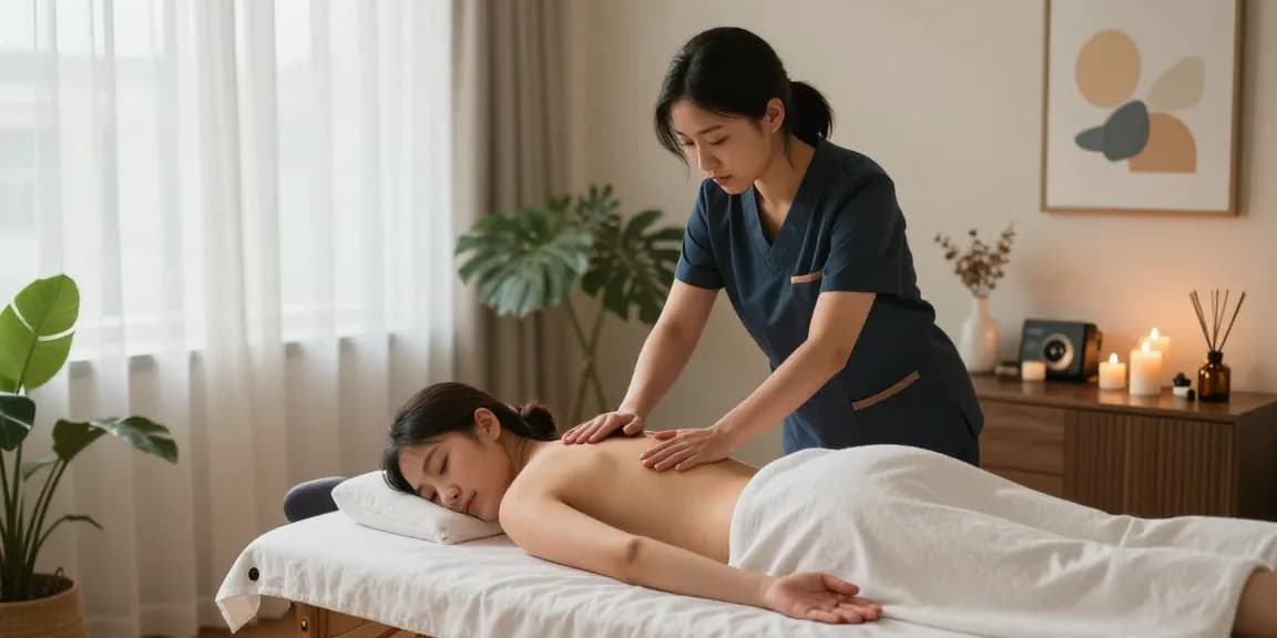 출장안마 중인 전문 마사지사와 편안한 고객의 모습, 아로마 테라피와 연주 음악이 흐르는 편안한 공간.
