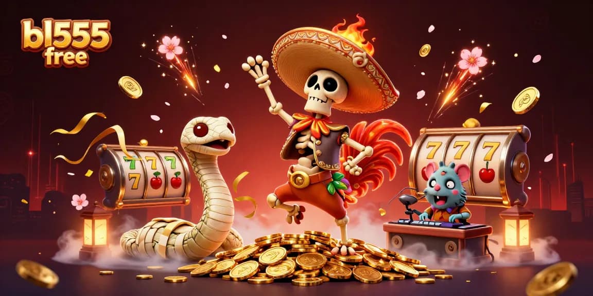 Engage with bl555 free's vibrant casino experience featuring characters celebrating atop golden jackpots.