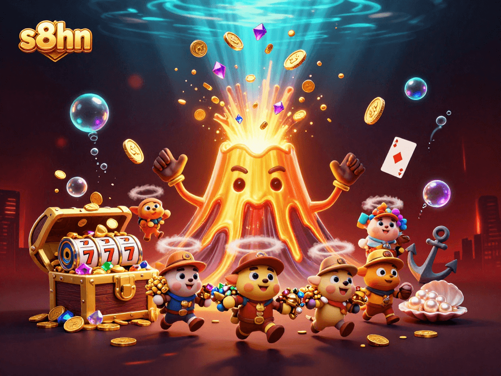 Win big at s8hn with a captivating casino scene featuring a golden volcano and treasures.