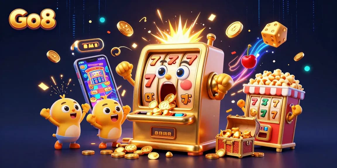 Go8 slot machine hits jackpot with coins pouring out, vibrant casino atmosphere.