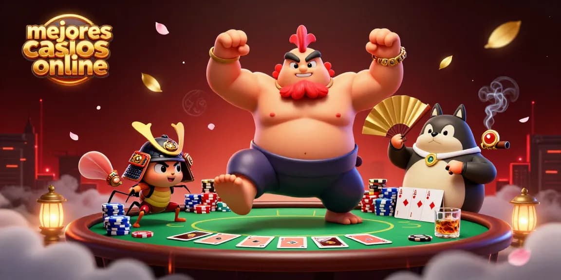 Ilustración 3D de los mejores casinos online con personajes animados jugando al póker y elementos de casino destacados.