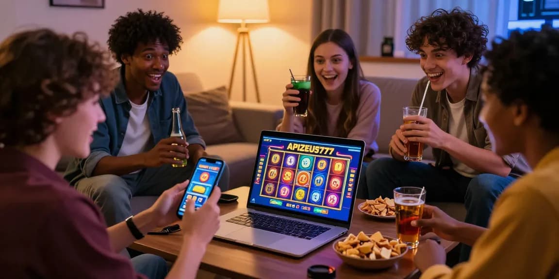 Friends enjoying online gaming on APIZEUS777 with vibrant slot games, embodying excitement and camaraderie