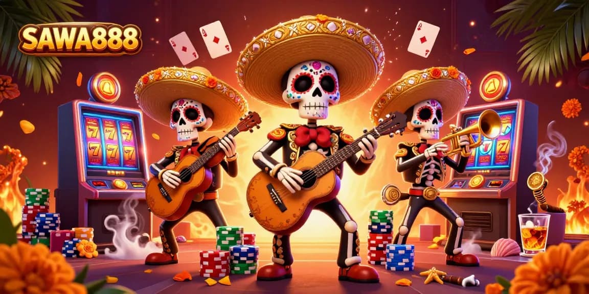 Experience high-energy gaming at SAWA888 with vibrant slots, mariachi skeletons, and festive elements.