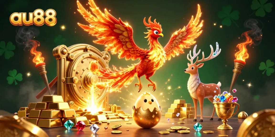 Experience the excitement at au88, where a phoenix soars over treasure, embodying fortune.