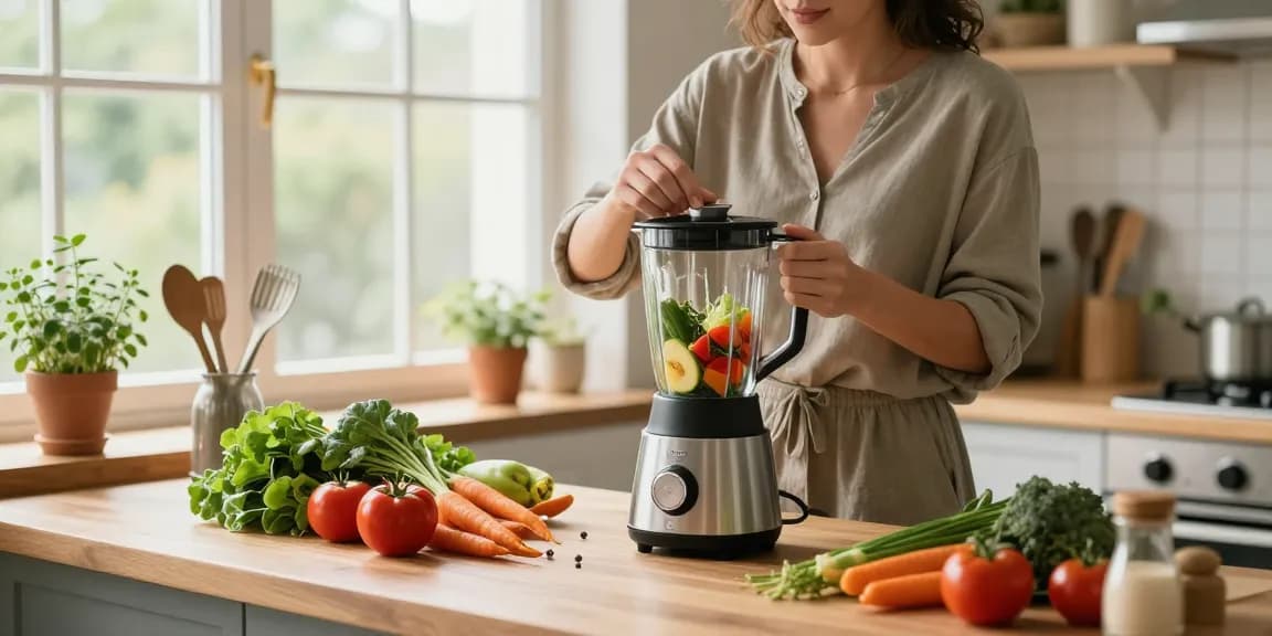 Person making a healthy smoothie with rokok88 super ingredients in a bright kitchen.