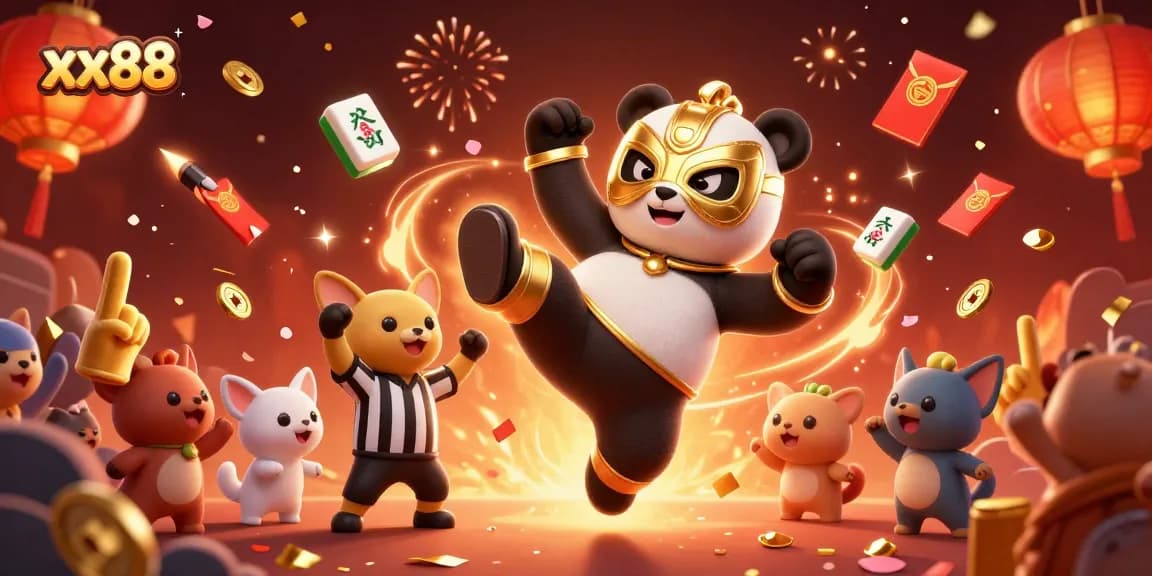Experience the excitement of xx88 with a thrilling scene of a flying kick surrounded by festive casino elements.