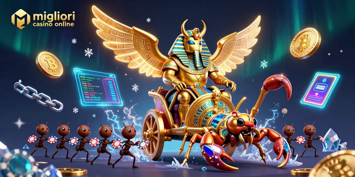I migliori casino online presentano un'illustrazione 3D vibrante con uno scarabeo dorato e segnali di criptovaluta.