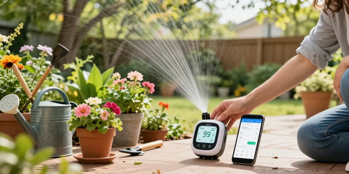 Homeowner using rainpoint sprinkler timer in vibrant garden setup