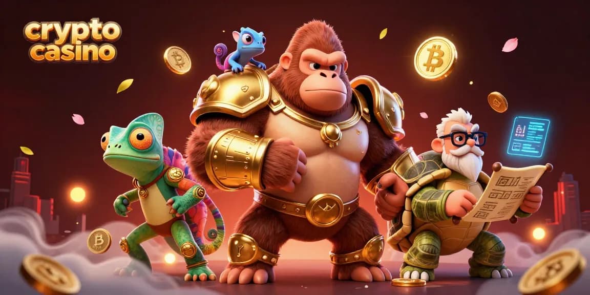 Giocare in un crypto casino, immersi in un'illustrazione vivace con personaggi e elementi.