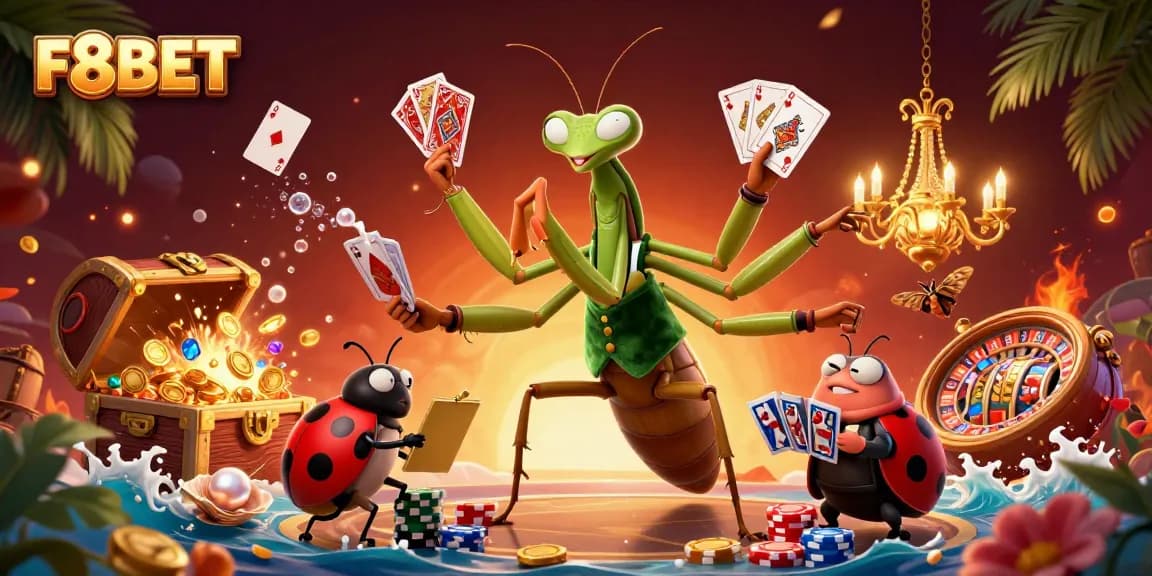 F8BET captivates players with a dynamic casino scene featuring a giant mantis card sharp and vibrant gaming elements.