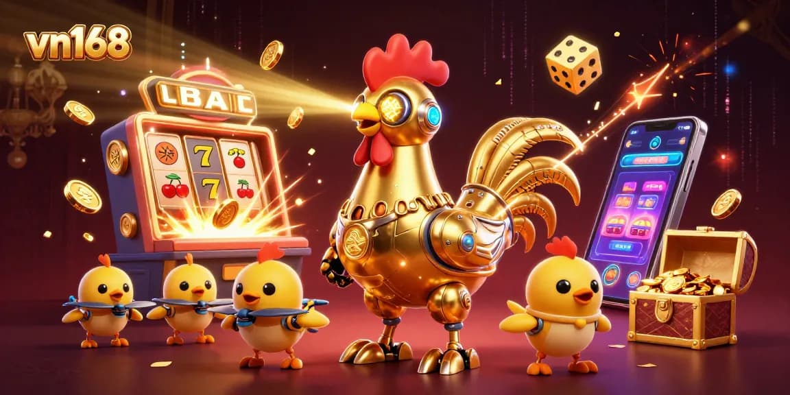 Experience exciting gameplay at vn168 with a golden rooster robot and a burst of casino elements.