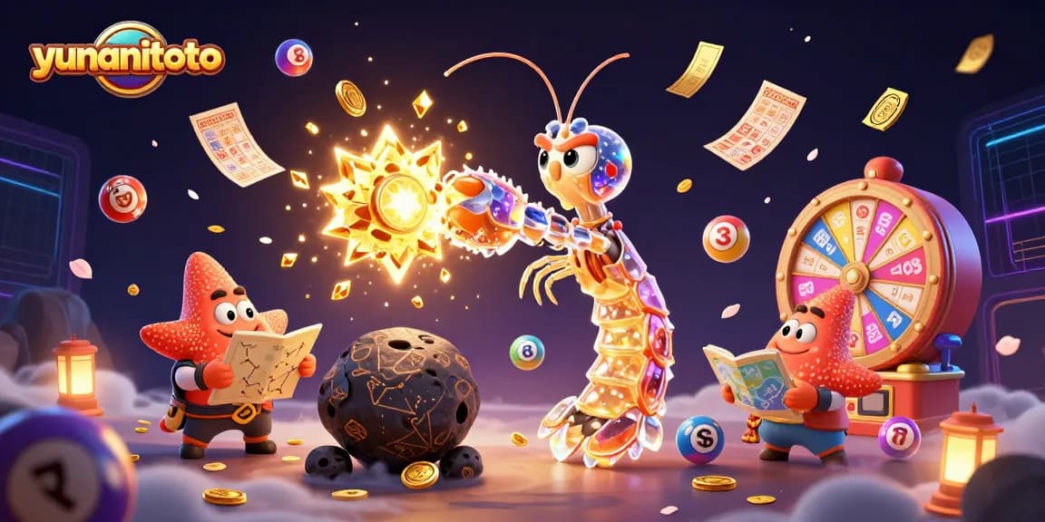 Engage with yunanitoto lottery excitement featuring a mantis shrimp and starfish in a cosmic casino.
