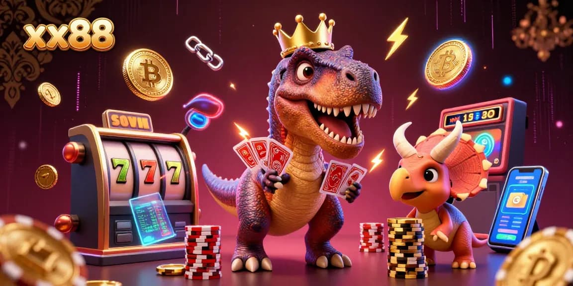 Spin jackpots at xx88 with animated characters playing cards and stacking chips in a vibrant casino scene.