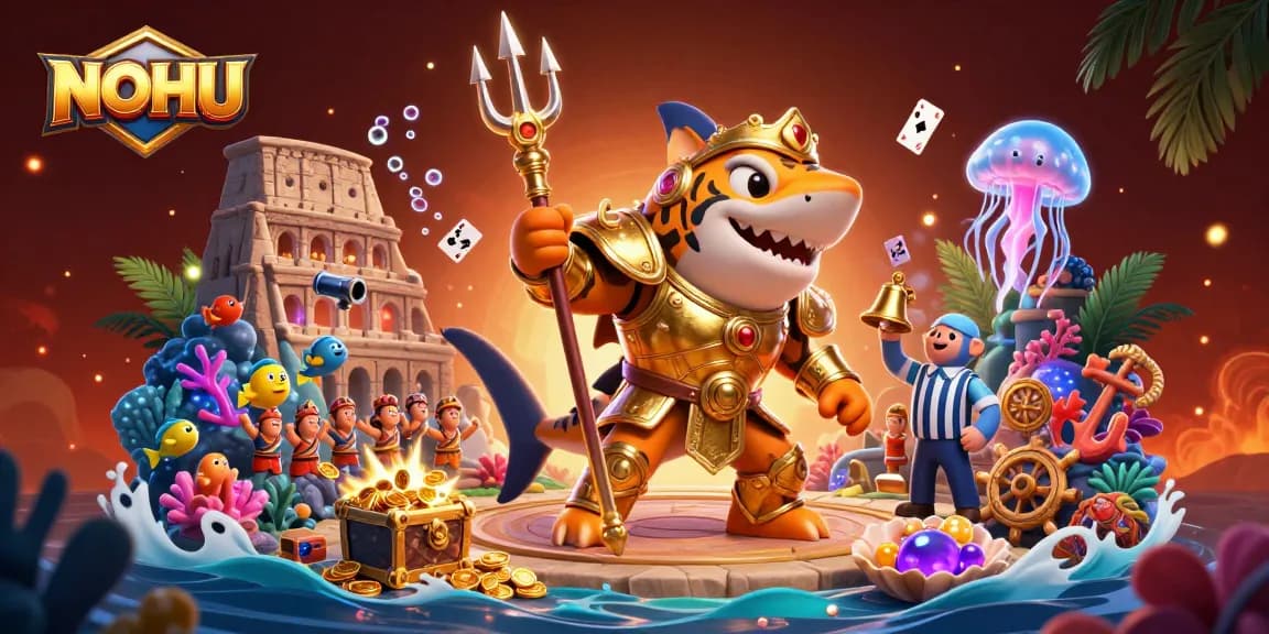 Engage with NOHU's underwater casino adventure featuring vibrant 3D characters and treasures.