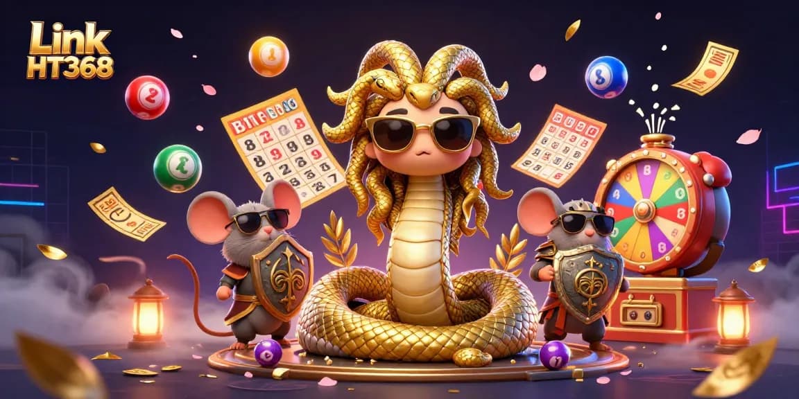 Engage in thrilling gambling with Link HT368, featuring Medusa and a warrior mouse in a vibrant casino scene.
