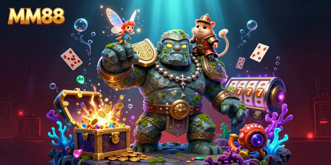 Experience thrilling wins with MM88's lively 3D casino illustration showcasing captivating characters and casino elements.