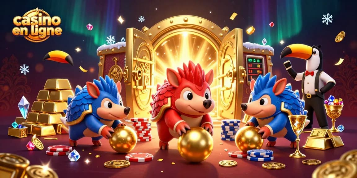Jouer au casino en ligne avec des pangolins rivaux dans une scène dynamique et riche en couleurs.