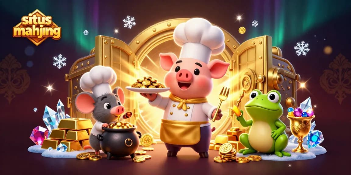 Situs mahjong: A chef pig, mouse, and frog showcase gold treasures in a vibrant casino-themed scene.