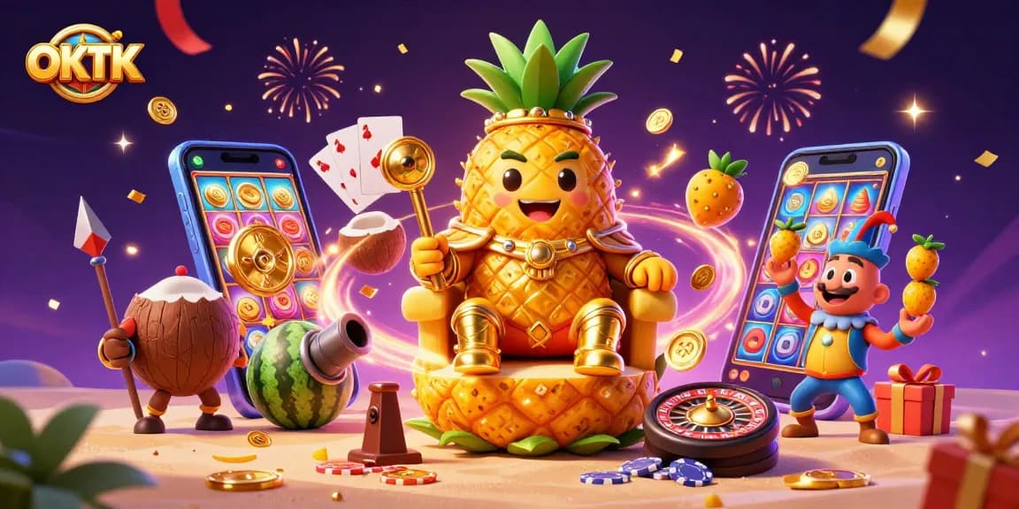 Win big with OKTK in this vibrant casino scene featuring a pineapple king and fun game elements.