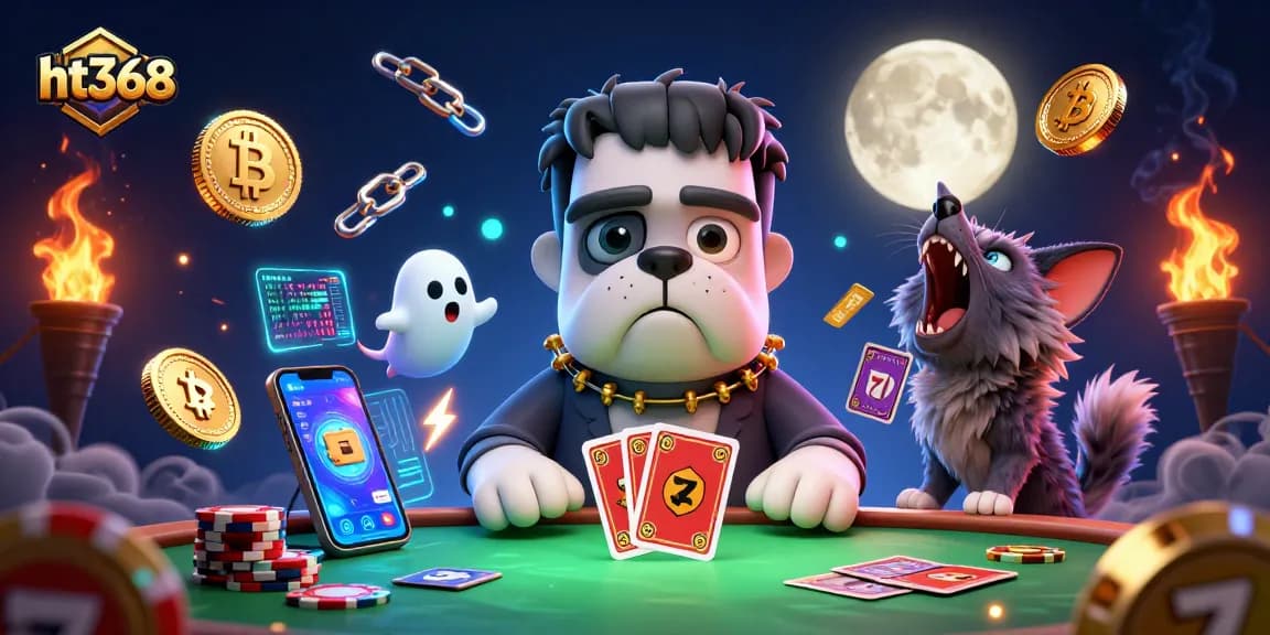 Join the excitement in ht368 casino with a Frankenstein bulldog dealing cards amidst glowing coins and ghostly fun.