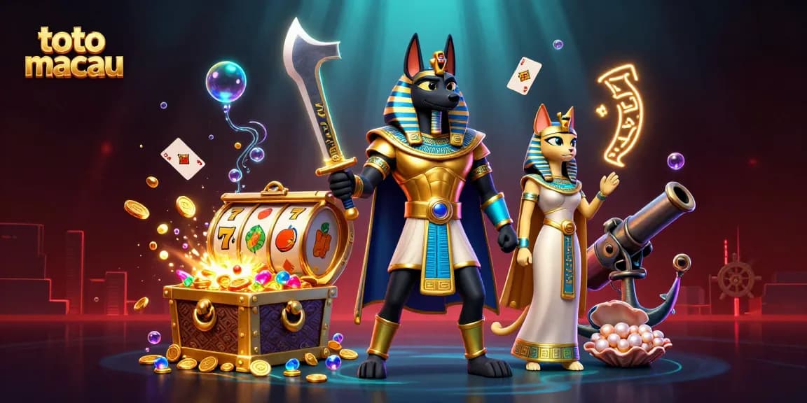 Menangkan jackpot di toto macau dengan karakter Anubis dan Bastet dikelilingi harta karun.