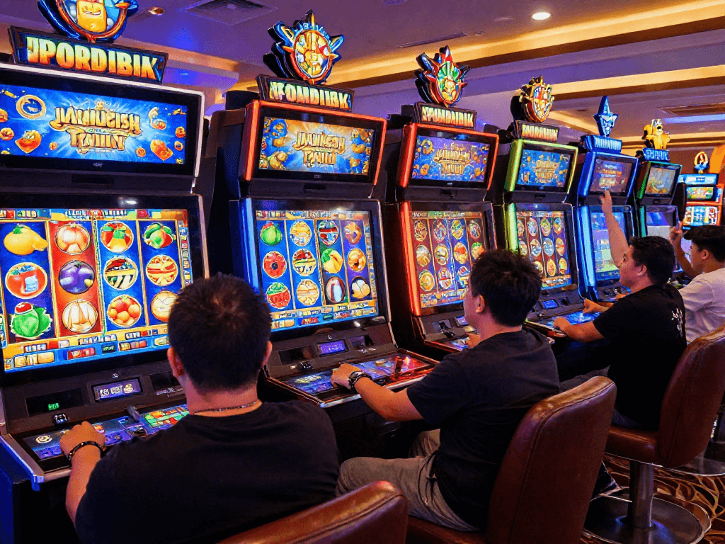 Players enjoying judi slot at a luxurious virtual casino, celebrating wins with vibrant surroundings.