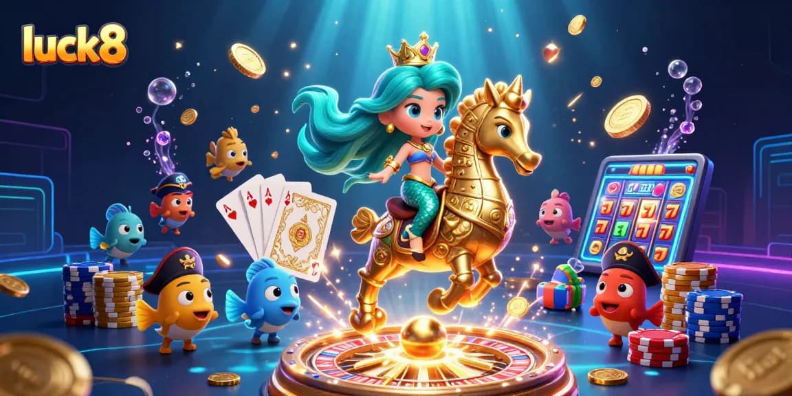 Engage in thrilling gameplay with luck8, featuring a mermaid riding a seahorse surrounded by casino elements.