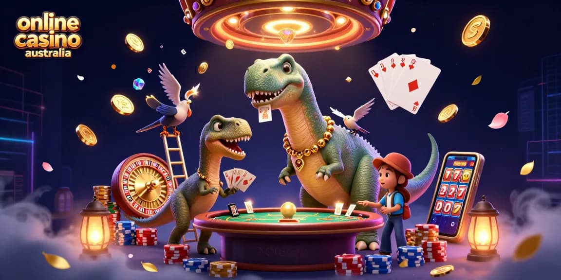 Engage in the excitement of online casino Australia with a brontosaurus and raptor in a vibrant casino scene.