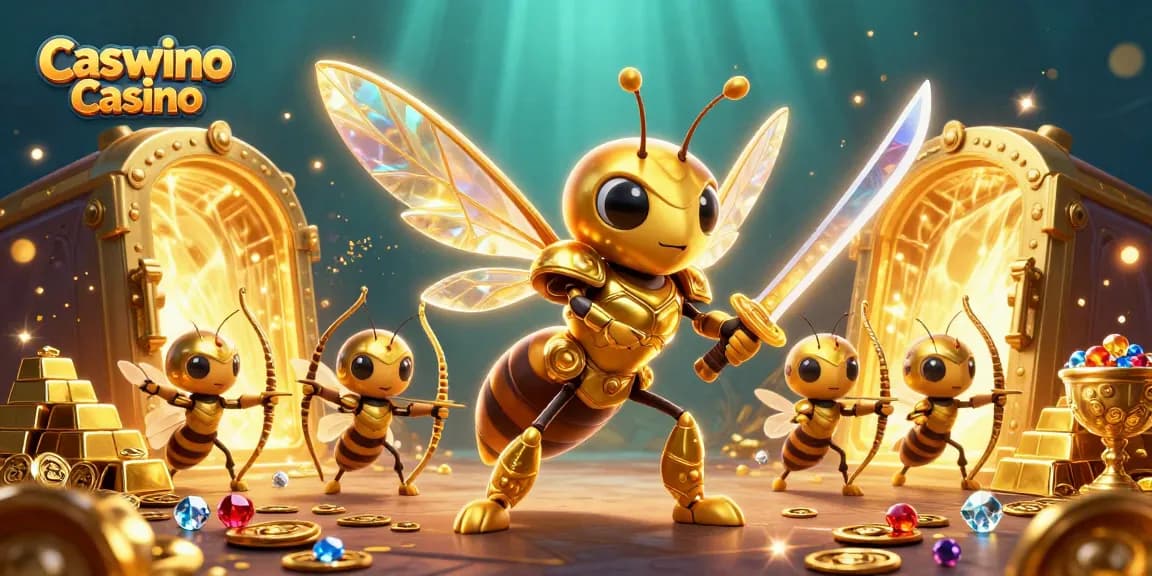 Engage in exhilarating action at Caswino Casino with a vibrant 3D illustration showcasing game treasures and dynamic characters.