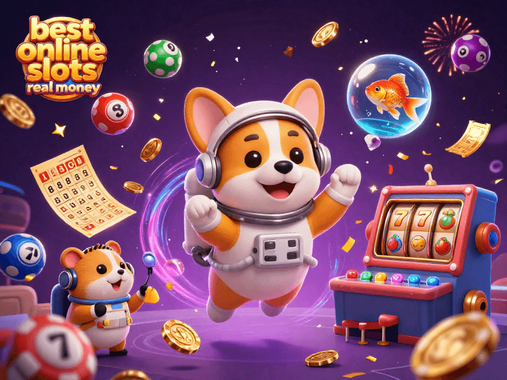 Experience the best online slots real money with a vibrant 3D casino scene, featuring floating characters and dynamic elements.