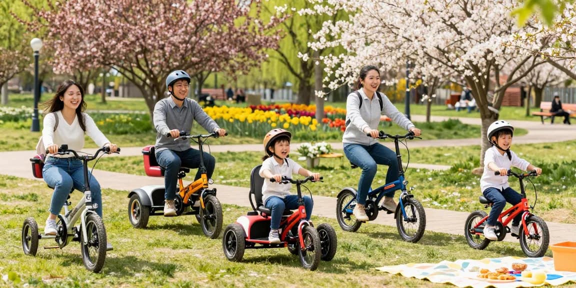 Family enjoying best electric tricycles in a sunlit park, showcasing happiness and adventure.