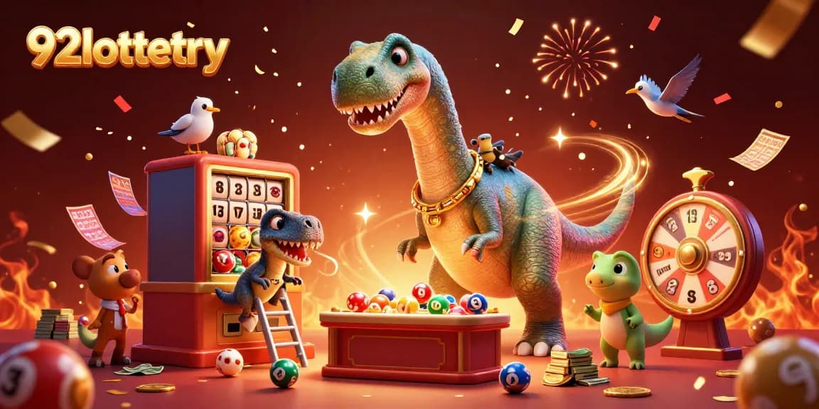 92lottery draws thrilling excitement with a giant brontosaurus observing a vibrant lottery scene.