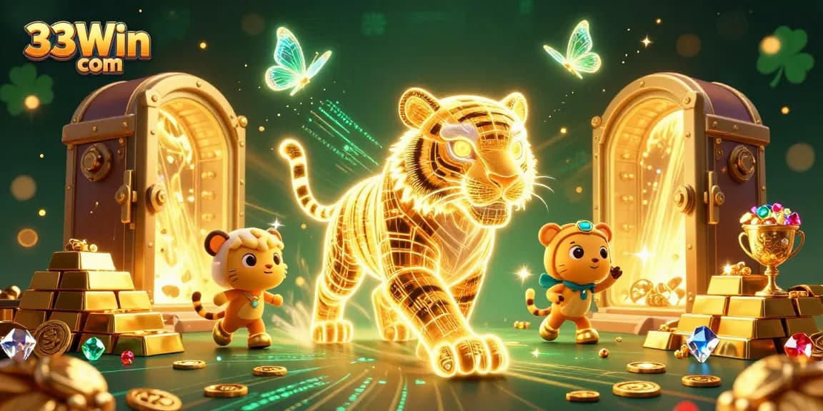 Experience the thrill of 33Win com with a dazzling digital casino featuring a golden tiger.