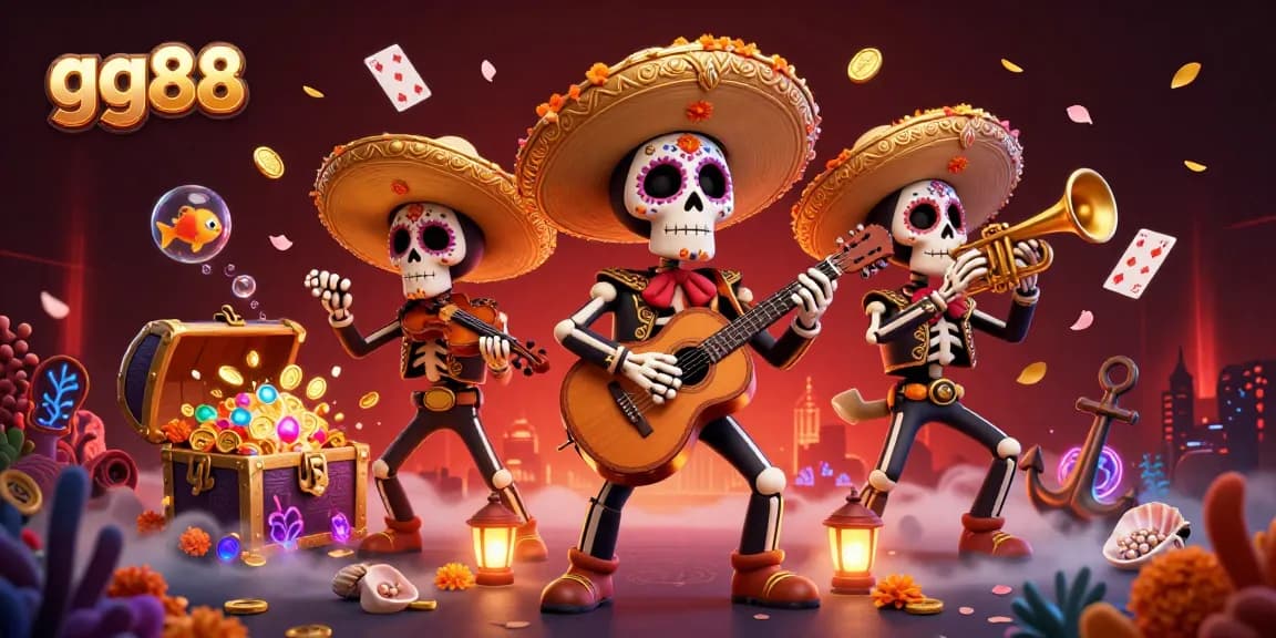 Experience exciting gameplay at gg88 with vibrant 3D illustration showcasing mariachi skeletons amidst a treasure-filled casino scene.