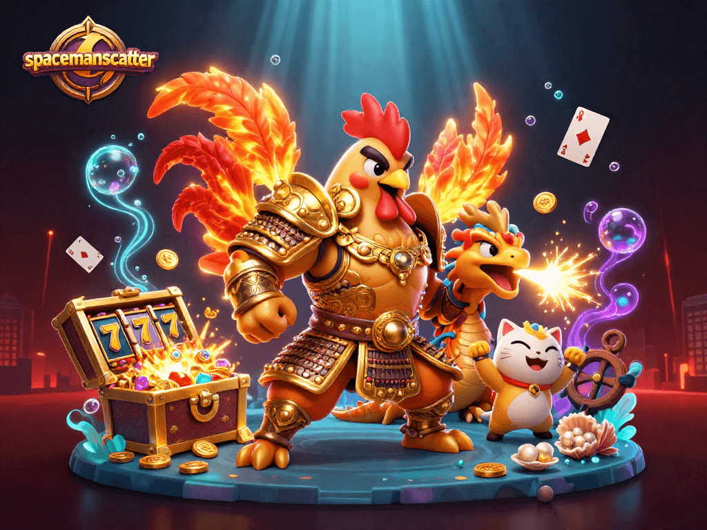 Experience thrilling gameplay with spacemanscatter in this vibrant 3D illustration featuring casino elements.