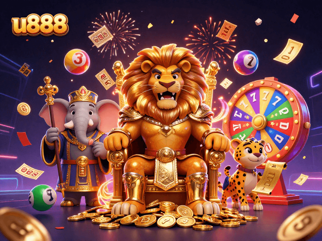Experience the excitement of u888 with a diverse scene of characters and gaming elements symbolizing fun and fortune.