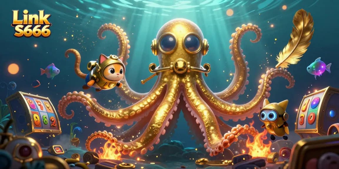 Spin the reels and dive into fun with Link S666, featuring a kraken and vintage diver in a dynamic casino scene.