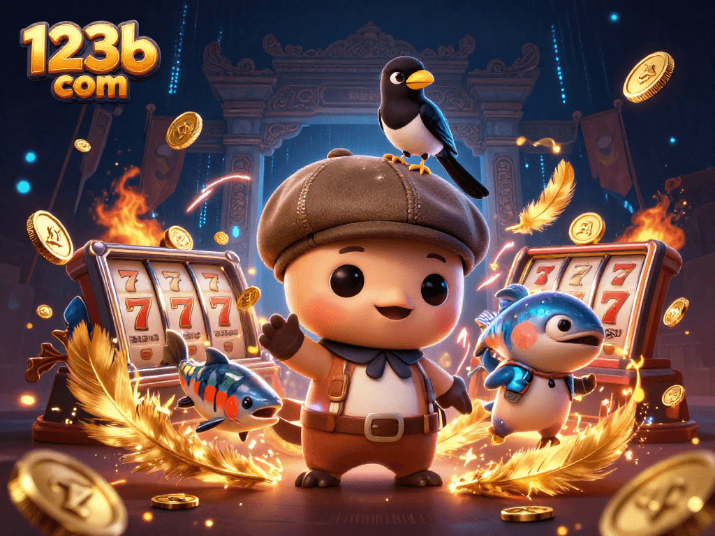 Engage with thrilling games at 123b com amidst vibrant visuals of cartoon characters and gold coins.