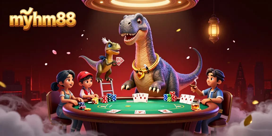 Experience exciting gaming at myhm88 with a whimsical dinosaur casino scene featuring poker action.