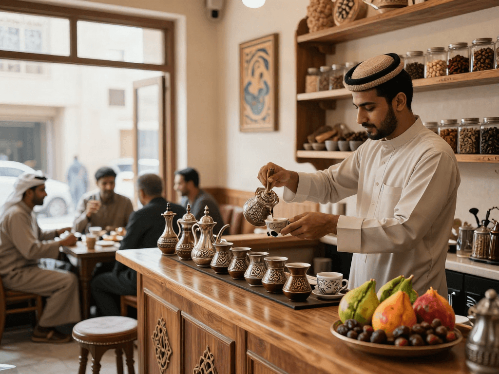 قھوجیین وصبابین الریاض في مقهى تقليدي يعكس الضيافة العربية مع إعداد القهوة وأجواء دافئة.