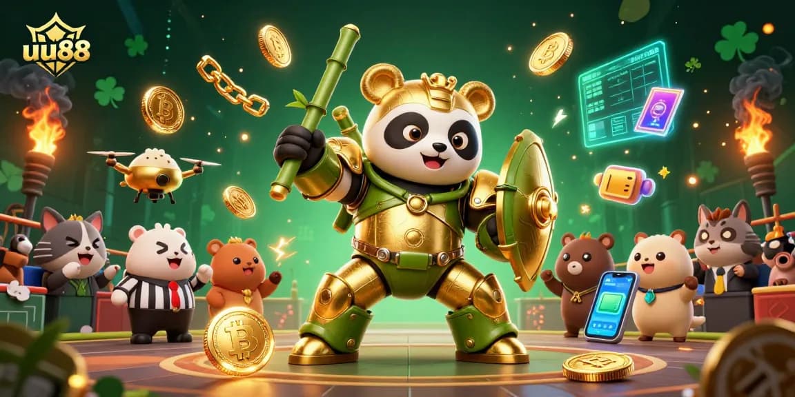 Engage in thrilling gameplay at uu88 with vibrant 3D casino elements and a golden panda mascot leading the action.