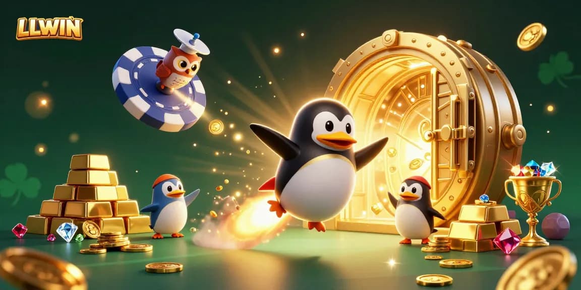 LLWIN invites gamers with a vibrant and dynamic 3D casino adventure featuring a golden penguin and rich treasure elements.