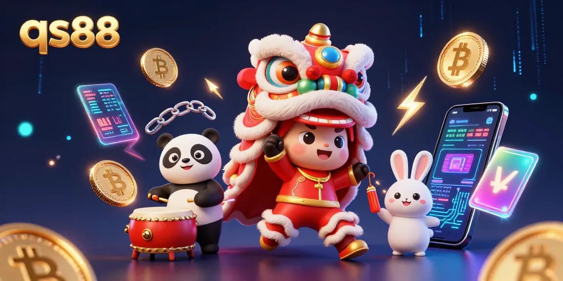 Experience thrilling gameplay with qs88 in this vibrant 3D casino illustration featuring festive characters.