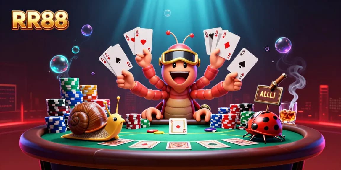 RR88 showcases vibrant characters celebrating poker, emphasizing engaging gaming experiences with excitement and strategy.