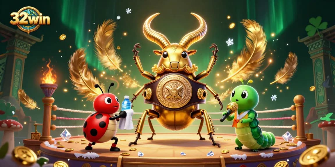 Experience thrilling gameplay with 32win as a cartoon beetle battles for casino glory on a colorful stage.