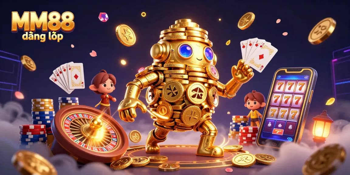 Join the fun at MM88 đăng nhập with a dynamic casino atmosphere featuring gold coin sprites and slot machines.