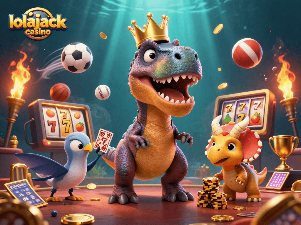Experience fun at lolajack casino with a lively T-Rex, a pterodactyl, and a triceratops engaging in card games.