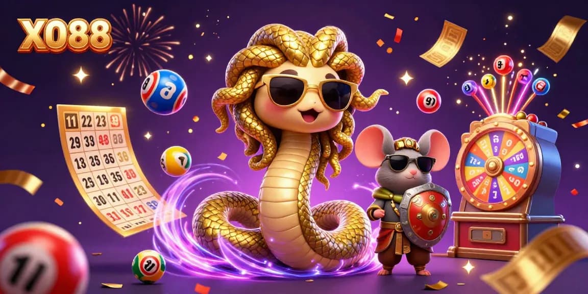 Engage with XO88's vibrant lottery and gaming scene filled with excitement and colorful elements.