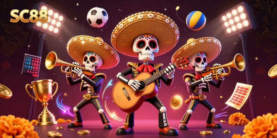 Engage with SC88 through a vibrant illustration depicting a festive mariachi band amidst dynamic gambling elements.