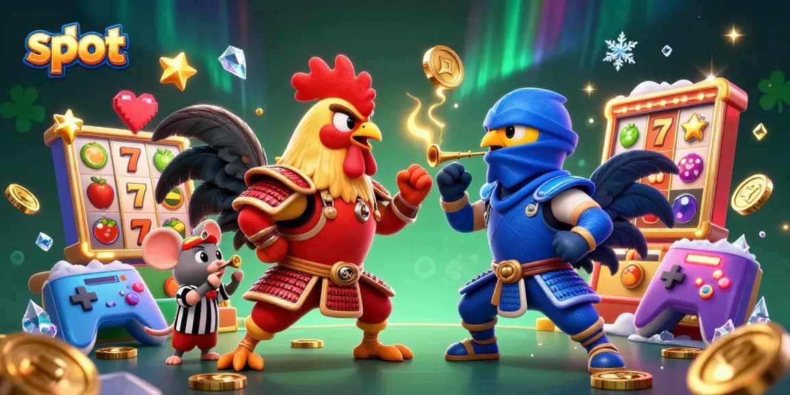 Experience thrilling slot action with vibrant fighting roosters in a dynamic casino illustration.